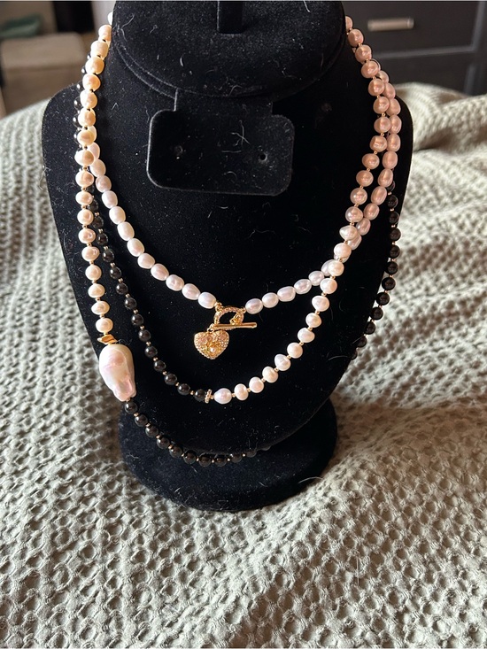 Farra Jewelry - 2 Layered Cultured Pearl/Baroque pearl/Black Bead Heart-Lock Necklaces by Farra